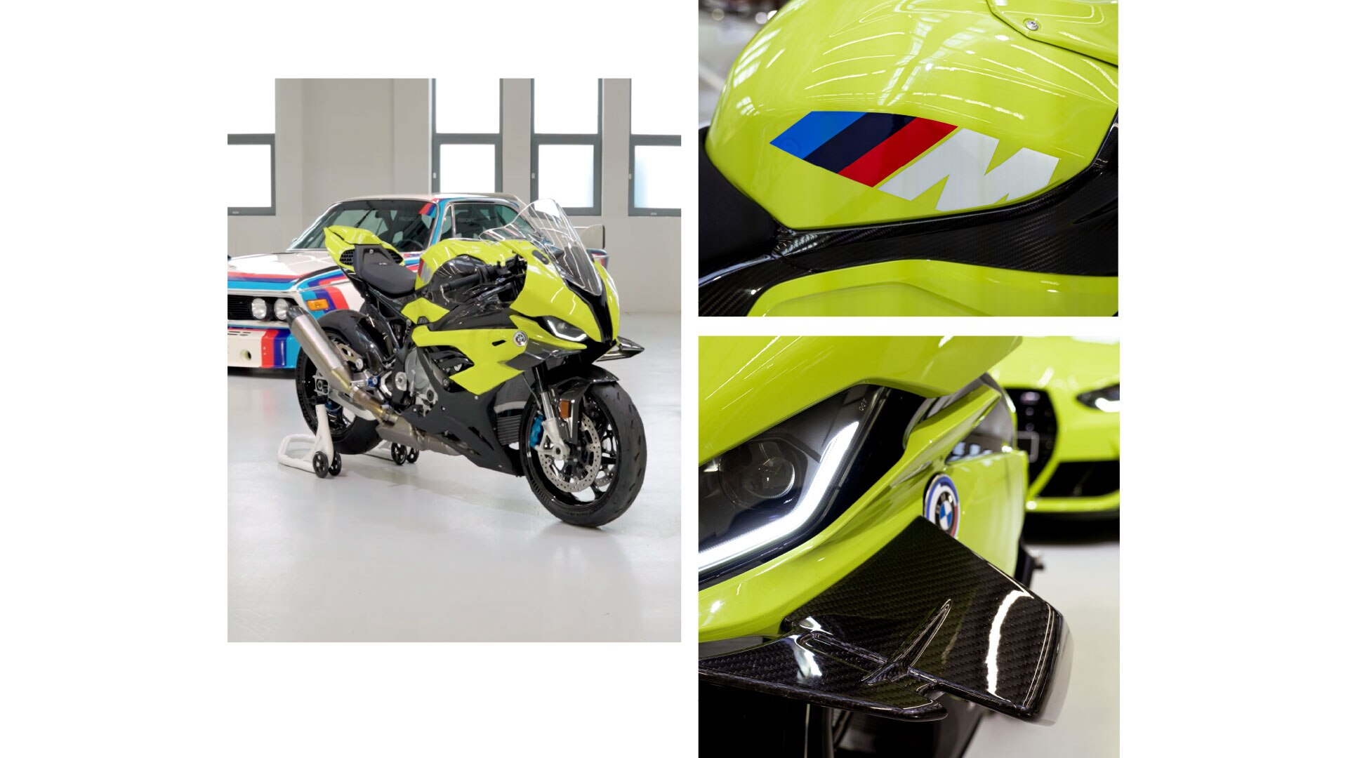 The M RR 50 Years M from the front. The winglets are clearly visible. The BMW M logo with its three iconic colours blue, dark blue and red, dynamically leaning against the white M