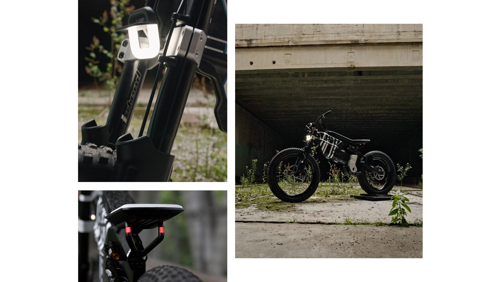 The BMW Motorrad Vision AMBY parked at abandoned factory premises with its extraordinary appearance and cleated tyres.