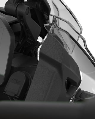 We see the touring windshield and USB port of the F 850 GS Adventure.