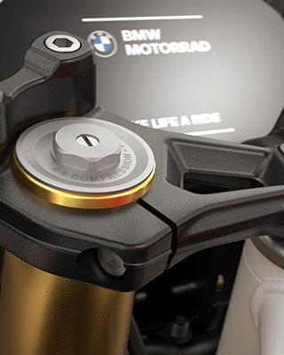 The gold-coloured 43-mm upside-down fork of the F 450 RR from BMW Motorrad