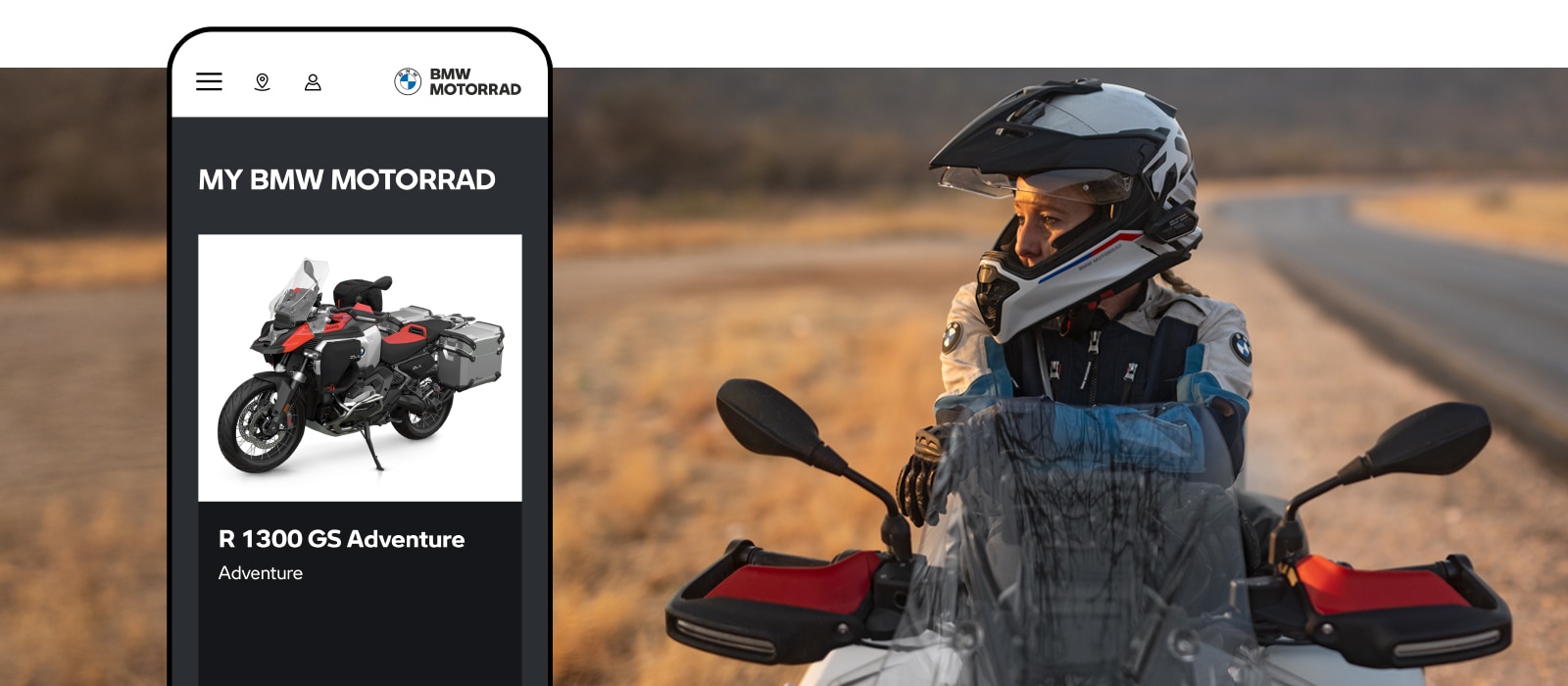 A rider on a BMW Motorrad bike. A mobile mock-up of BMW Motorrad CarData on the left
